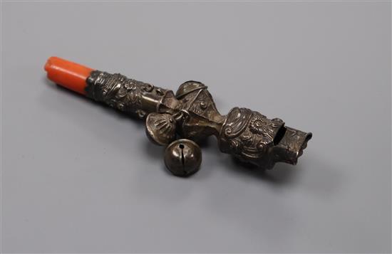 A Victorian silver childs rattle with whistle and coral teether(a.f.) maker possibly William Davenport, 12cm.